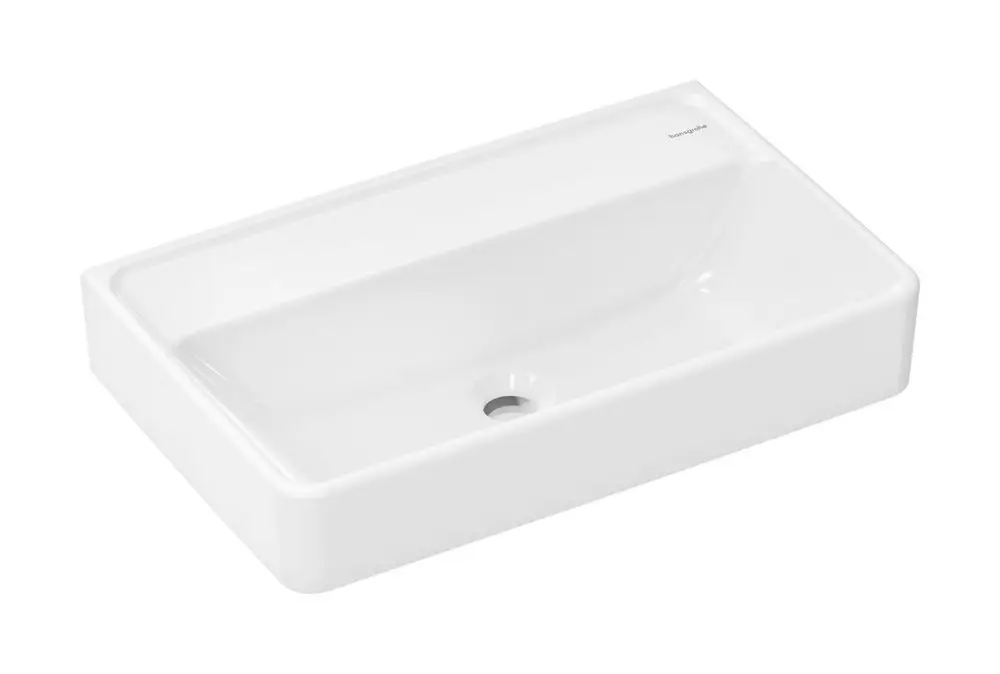 Weißer Waschbecken aus Keramik ohne Hahnloch und Überlauf, rechteckige Form, gefertigt von Hansgrohe, ideal für moderne Badgestaltung.